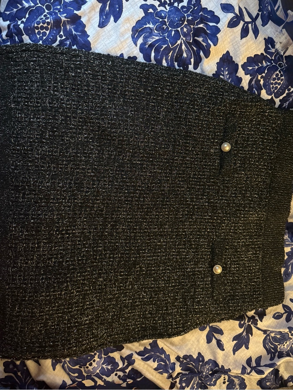 Black Tweed Pencil Skirt with Pearl Buttons